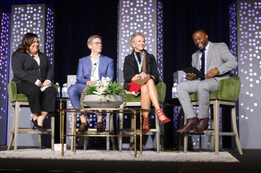 From left, CEOs Jaime Castle of Obagi Cosmeceuticals, Robert S. Barnswell of Centric Infrastructure Group and Deborah Wild of Cellipont Bioservices spoke on a panel moderated by Charles Blain. (Jessica Shorten/Community Impact)