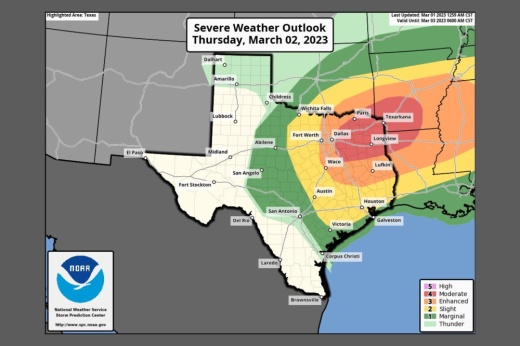 A map showing storm threats in Texas.