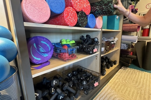 Yoga Pod provides additional supplies, such as blocks, balls, bolsters and blankets.