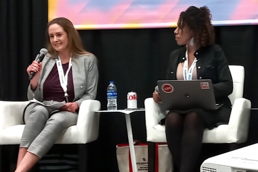 Veronica Mechler, Northside ISD special education director, speaks during a panel discussion about digital inclusion for all students March 8 at the South by Southwest Education Conference at the Austin Convention Center. At right is Houston ISD administrator Khechara Bradford. (Edmond Ortiz/Community Impact)