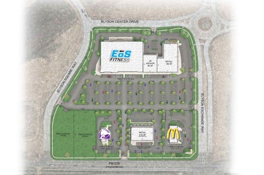Construction is underway for a new retail center in the Elyson master-planned community, with plans to complete construction in late summer 2024. (Rendering Courtesy Excel Commercial Real Estate)