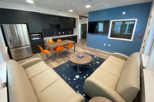 A room with two couches and a kitchen.