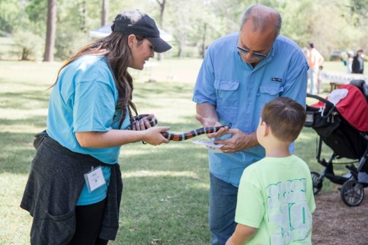 A Friends of Texas Wildlife volunteer holds a snake to show to two visitors.