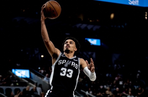 Spurs’ Tre Jones goes in for a shot in the Spurs’ Nov. 7 home game versus the Denver Nuggets at the AT&T Center. Spurs officials said more planned home games in Austin and abroad will help to expand the team’s brand and marketing opportunities. (Courtesy San Antonio Spurs)