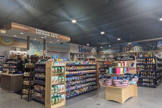 Shelves filled with candy and cookies.