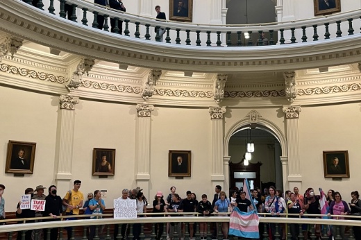LGBTQ+ advocates protest in the capitol rotunda on May 2.