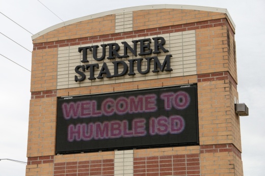 The photo shows a sign at Humble ISD's Turner Stadium
