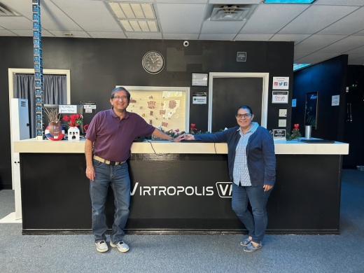 VitropolisVR Escape Rooms owners Rene and Patty Arrendondo pose at the front desk.
