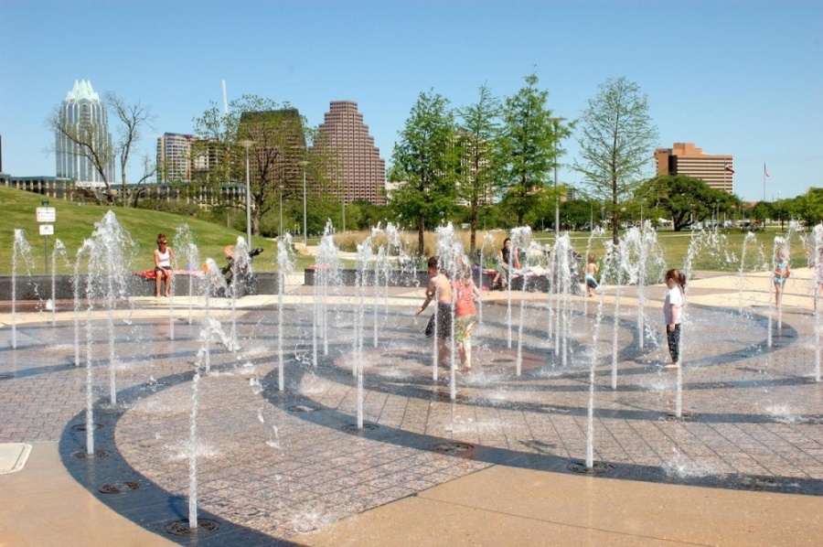 The Liz Carpenter Splash Pad near downtown Austin is one of many places to cool off in Central Texas this summer. (Courtesy city of Austin)