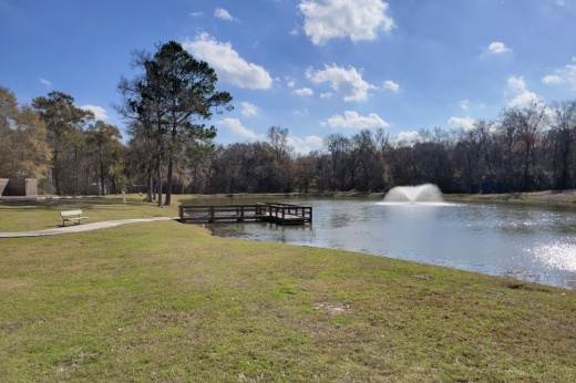 grassy area leading up to a large pond with a fountain in the distance