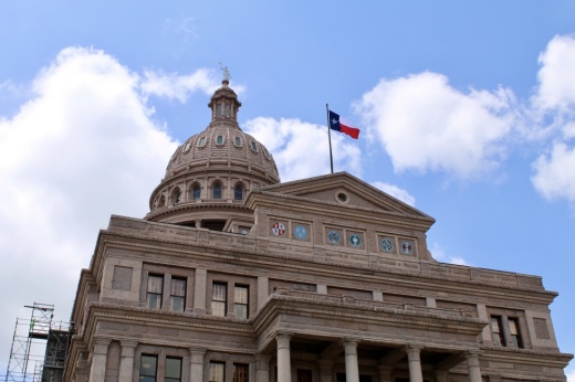 The North side of the Texas State Capitol on a sunny day.
