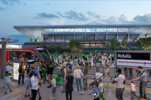 Artist rendering of an above-ground rail station with Q2 Stadium in the background