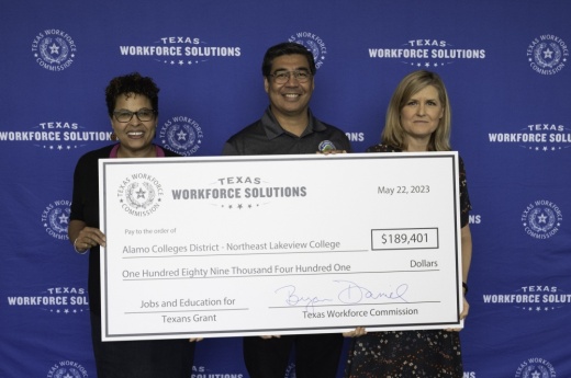 The Texas Workforce Commission presents a check to officials at Northeast Lakeview College to support career and technical education programs. (Courtesy Northeast Lakeview College)