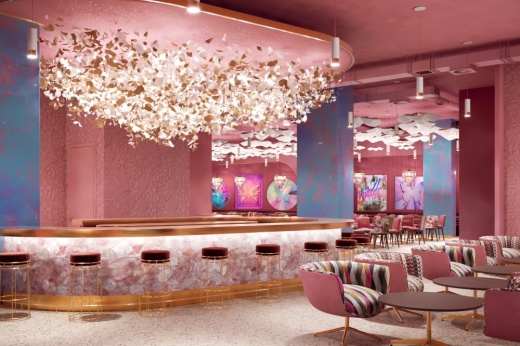A rendering of the restaurant's bar and lounge space, which will be decked out in hues of pink.