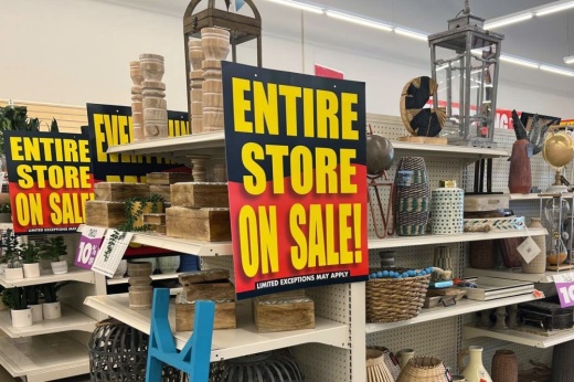 "entire store on sale" sign inside a tuesday morning