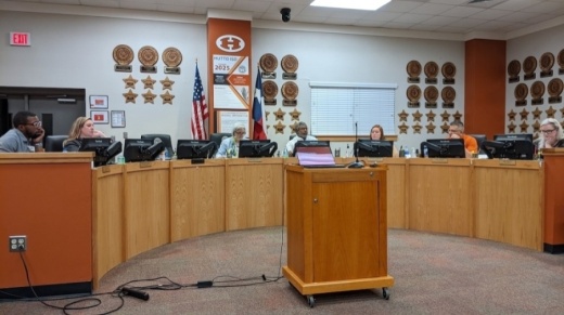 Hutto ISD board members conduct business during an April 28 meeting. (Carson Ganong/Community Impact)