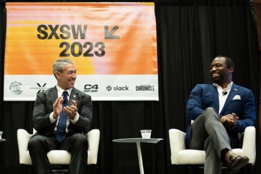 San Antonio Mayor Ron Nirenberg (left) speaks with Richmond, Virginia, Mayor Levar Stoney at a March 10 South by Southwest Conference & Festivals session in Austin. Nirenberg announced June 8 the pending launch of Compassionate USA, a San Antonio-based program aimed at reducing violence and promoting the rules of compassion. (Courtesy U.S. Conference of Mayors)