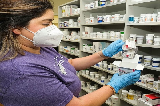 Jennifer McCormick of Plum Creek Pharmacy in Kyle said the pharmacy was one of the sources Hays CISD turned to for its Narcan supply. Each box of Narcan comes with two doses, and the pharmacy provides it free to the public. (Nell Carroll/Community Impact)