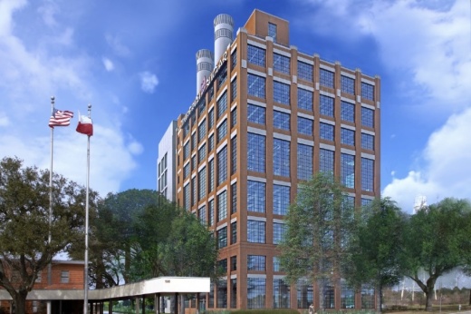Rendering of tall brick and glass building with flags and bright clouds