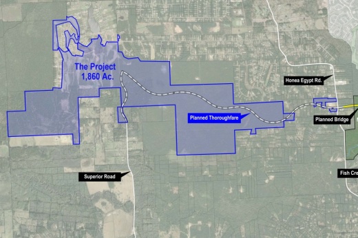 A map highlighting the nearly 1,900 acres the Oxland Group purchased in Montgomery County