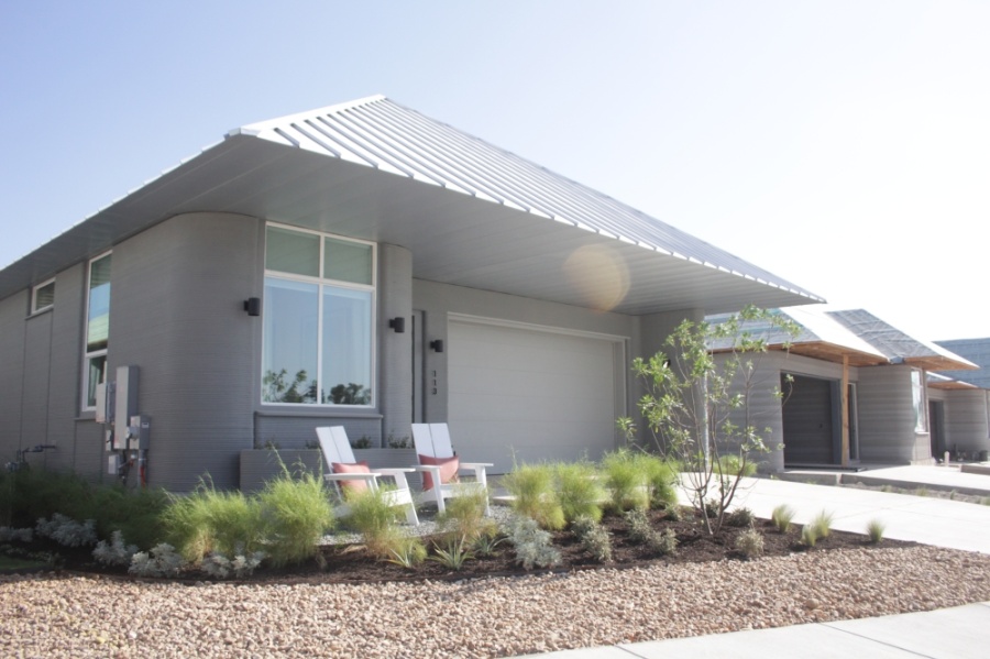 The first model for the 100 3D-printed homes coming to Georgetown's Wolf Ranch neighborhood opened to the public July 22. (Grant Crawford/Community Impact)