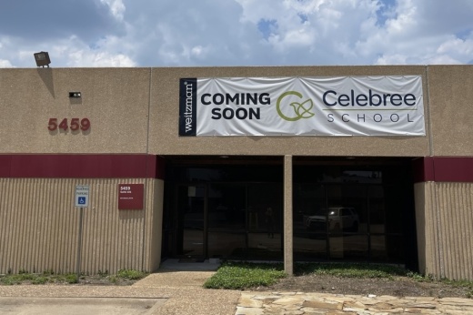 Celebree School's Dallas building with a "coming soon" sign