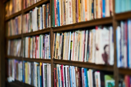 A stock photo of library book shelves