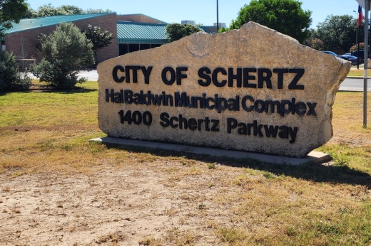 The city of Schertz sign located in front of the Hal Baldwin Municipal Complex.
