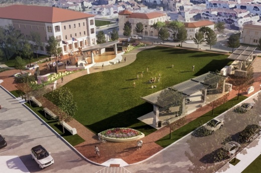 a rendering of a large city park with a stage and green space