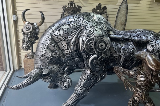 Metal sculpture of a bull
