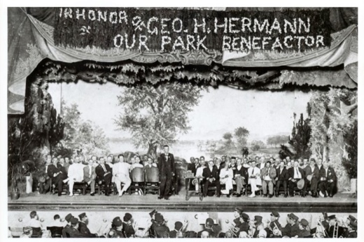 Hermann Park’s donation celebration honors George Hermann, on June 7, 1914, in the City Auditorium at Texas Avenue and Louisiana Street. Hermann is seated in the first row just to the right of the speaker. (Courtesy John P. McGovern Historical Collections and Research Center, Houston Academy of Medicine, Texas Medical Center Library.)