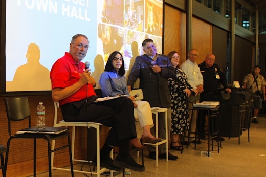 John Courage, San Antonio District 9 City Council member, (left) speaks in an Aug. 16 public hearing about the city's proposed 2023-24 budget at Hardberger Park. From left, to Courage's left are Assistant City Manager Maria Villagomez and District 8 Council Member Manny Pelaez. (Edmond Ortiz/Community Impact)