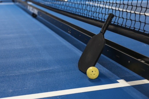Pickleball court, paddle and ball
