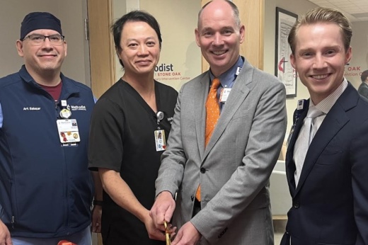 Methodist Hospital Stone Oak officials gather Sept. 1 to mark the opening of the Complex Coronary Intervention Center. From left are cardiac catheter laboratory supervisor Art Salazar, CCIC Medical Director Dr. Hinh Keith Nguyen, hospital CEO Jeff Wilson and hospital Chief Operating Officer Carson Smith. (Courtesy Methodist Healthcare)