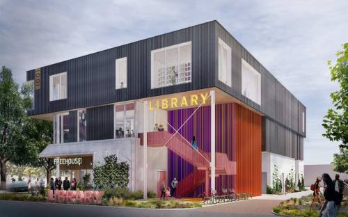 Houston City Council members agreed to provide additional funding for the construction of the Montrose Public Library, coming to the Montrose Collective. (Rendering courtesy Radom Capital)
