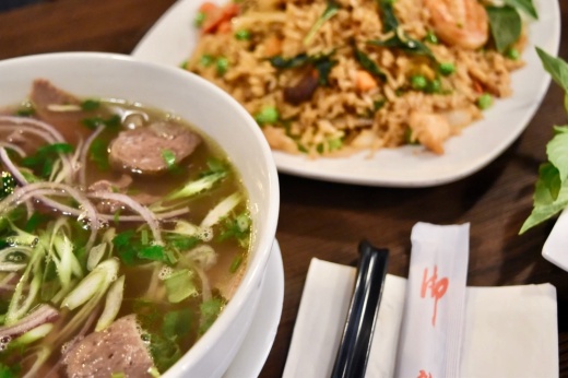 Pho noodle soup and fried rice