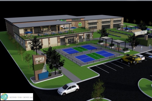 A rendering of a new entertainment venue featuring pickleball courts and sports simulators.