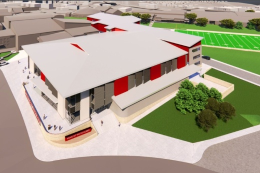 rendering of exterior of new space for competition gym, additional fine arts spaces and a practice turf field