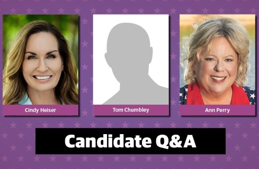 Three headshots are surrounded by a purple field; from left to right, a woman, a silhouette where a photo was not provided, and another woman.