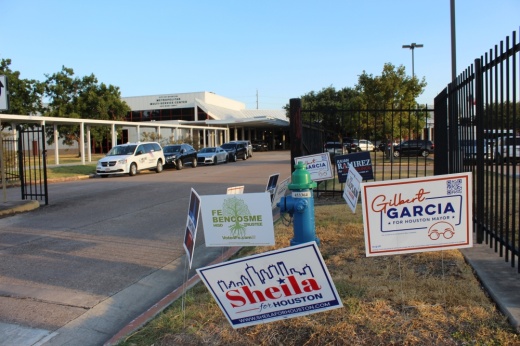 Campaign signs posted outside the Metropolitan Multi-service Center in Houston