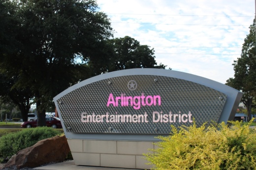 Arlington Entertainment District sign on Ballpark Way in Arlington, Texas.