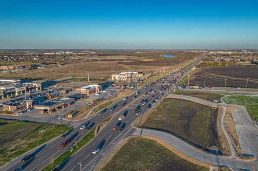 An overhead photo showing the US 380 and Coit Road intersection that borders Prosper, McKinney and Frisco.