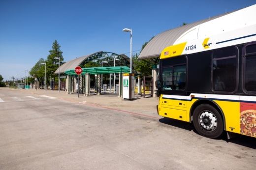 A DART bus is stopped at LBJ/Central Station in Dallas.