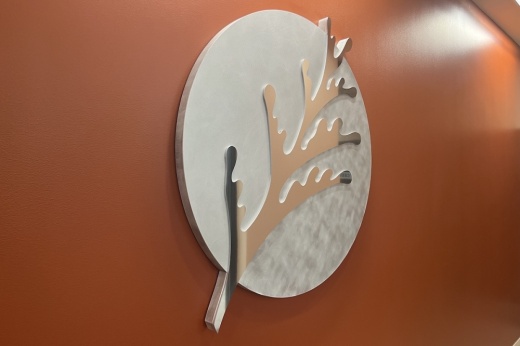 Silver Cedar Park logo on brown wall