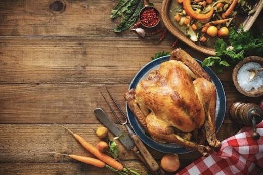 Picture of a Thanksgiving Day, including turkey and side dishes.