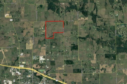 Map of the area with red line borders around the area bought for the master-planned community. (Courtesy Hines)
