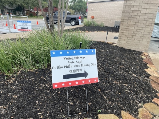 The photo shows a voting sign from a polling location in Jersey Village.