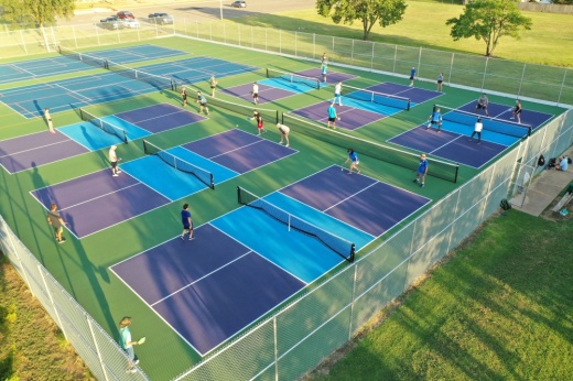 An overhead view of pickleball courts