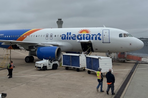 An Allegiant plane at the South Terminal of Austin-Bergstrom International Airport