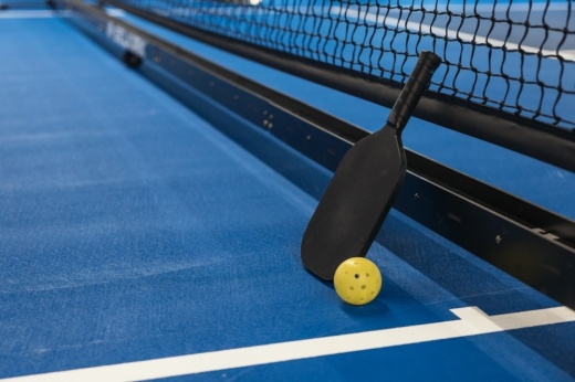 pickleball paddle and ball rest near a pickleball net